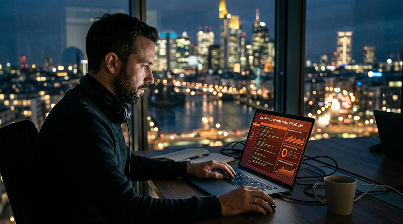 Laptop mit Sicherheitswarnung vor nächtlicher Stadt
